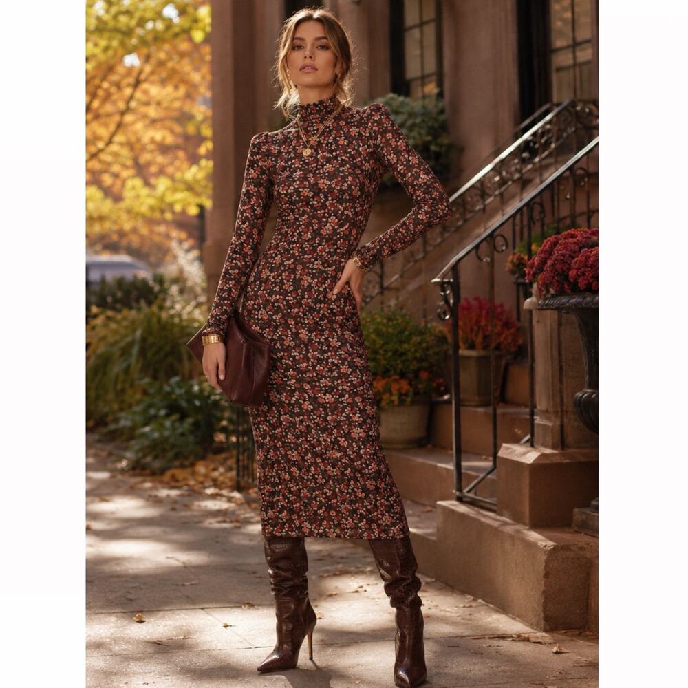 Ramy Brook Heidi Floral Dress XS Turtleneck Bodycon Dark Romantic Whimsigoth